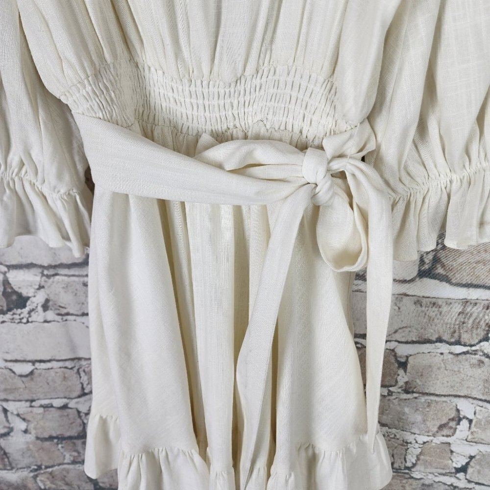 Ever New Puff Sleeve Ruffle Mini Dress Smocked Neckline Porcelain Ivory Size 6 - Picture 9 of 15